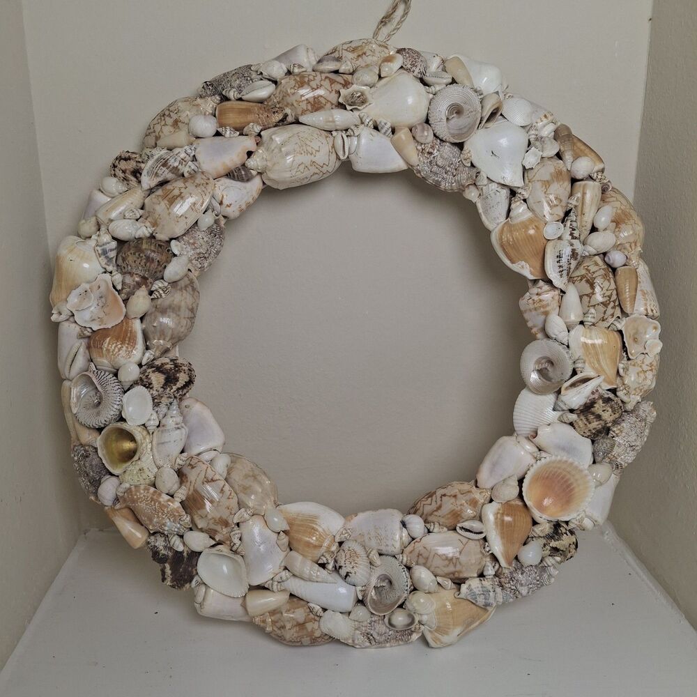 Coastal Seashell Wreath Handmade Nautical Decor Neutral Wall Art Cottagecore